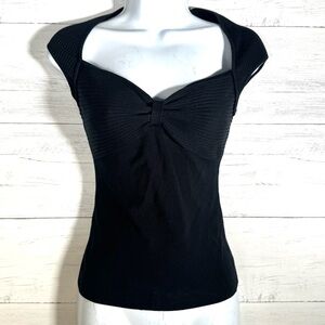 Cache Black Ribbed Knit Top Sz S Cap Sleeve Silk Nylon Vintage 90s Y2K Babydoll